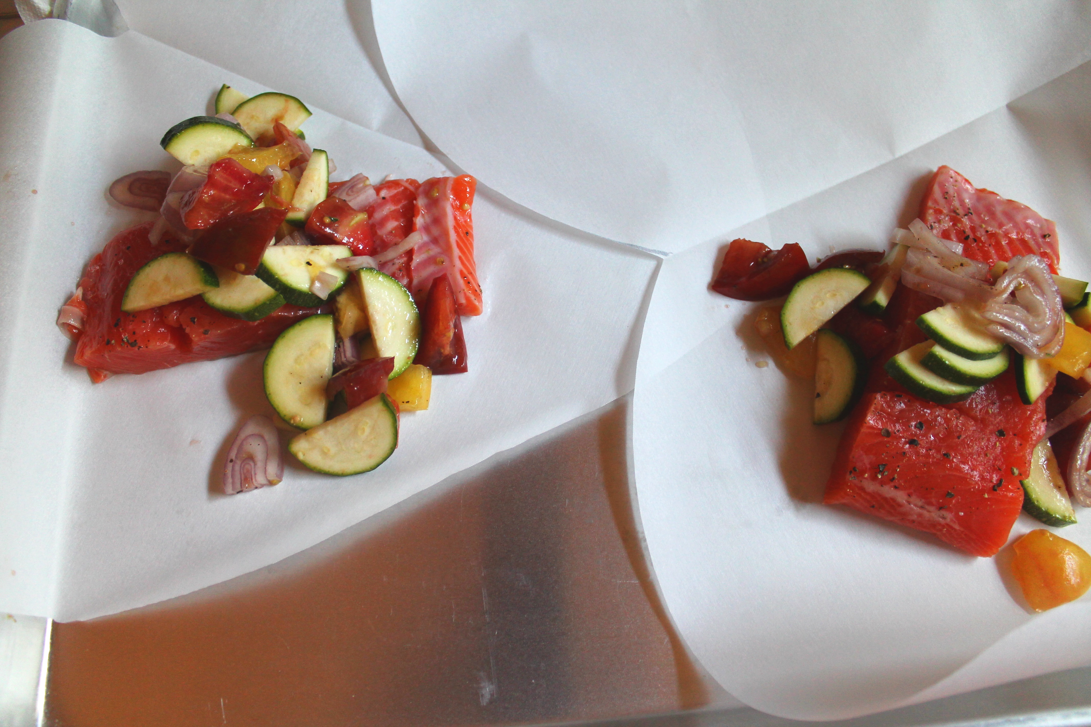 Salmon & Artichoke en Papillote with Tomato, Zucchini & Walnut Gremolata