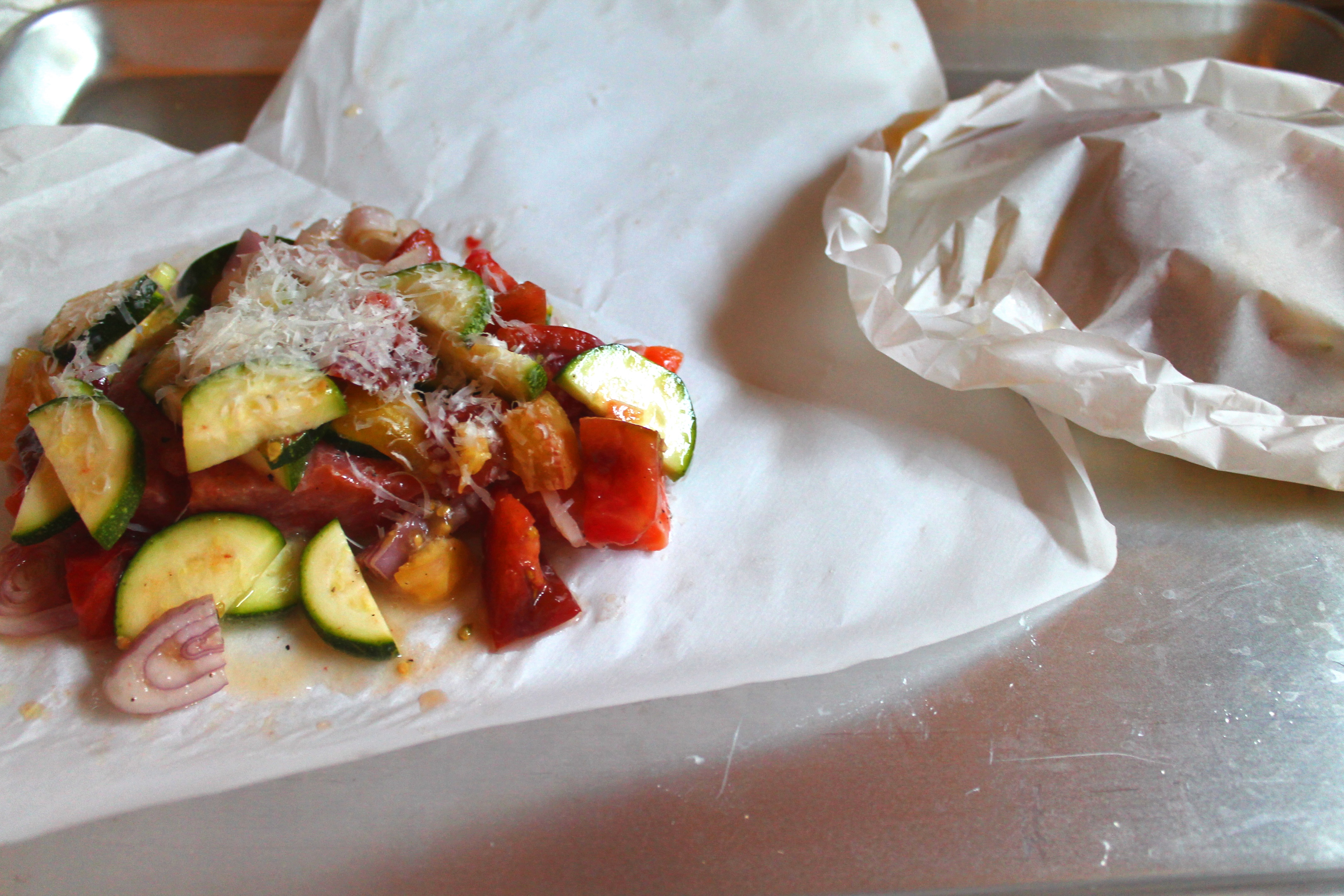 Salmon & Artichoke en Papillote with Tomato, Zucchini & Walnut Gremolata