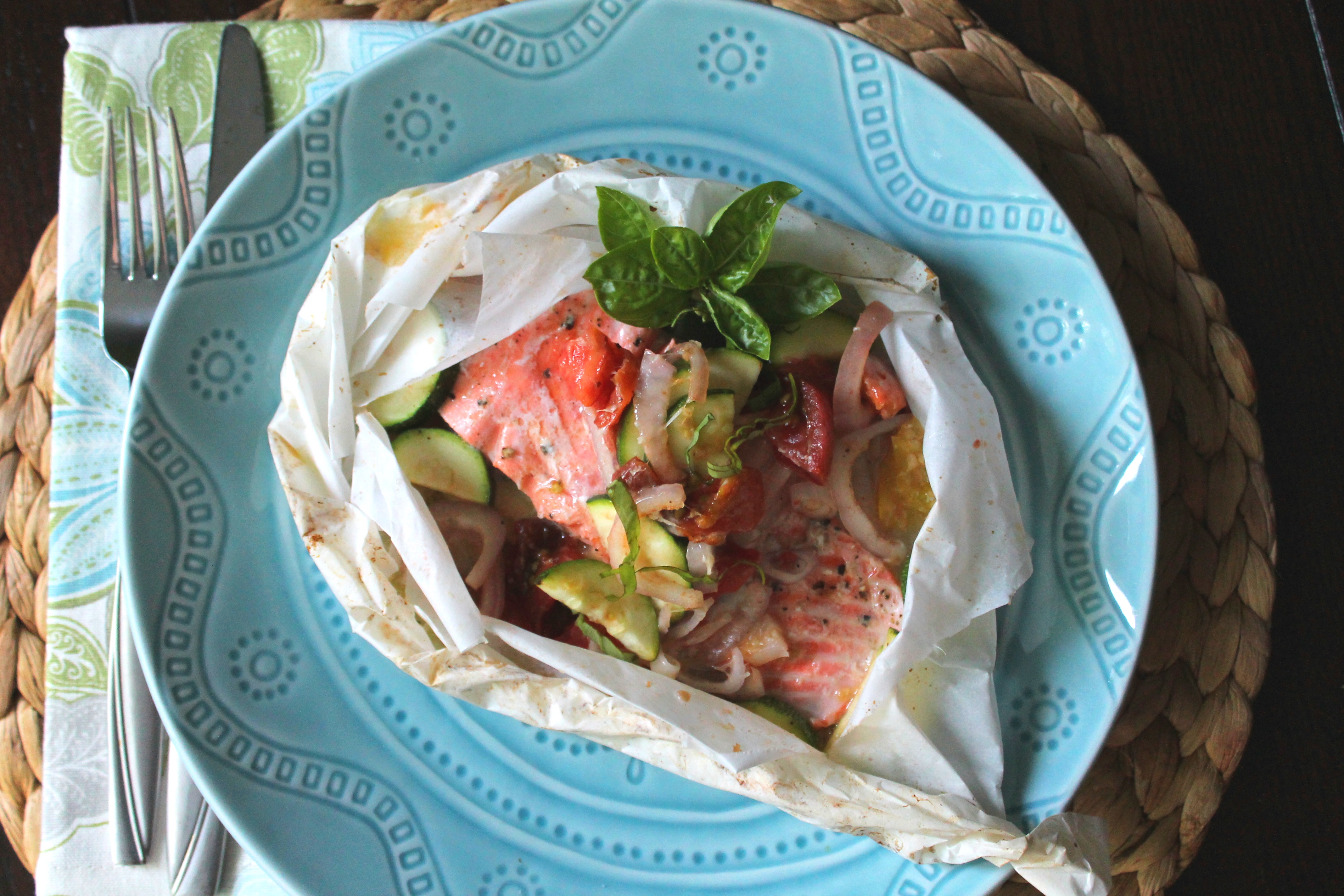 Salmon & Artichoke en Papillote with Tomato, Zucchini & Walnut