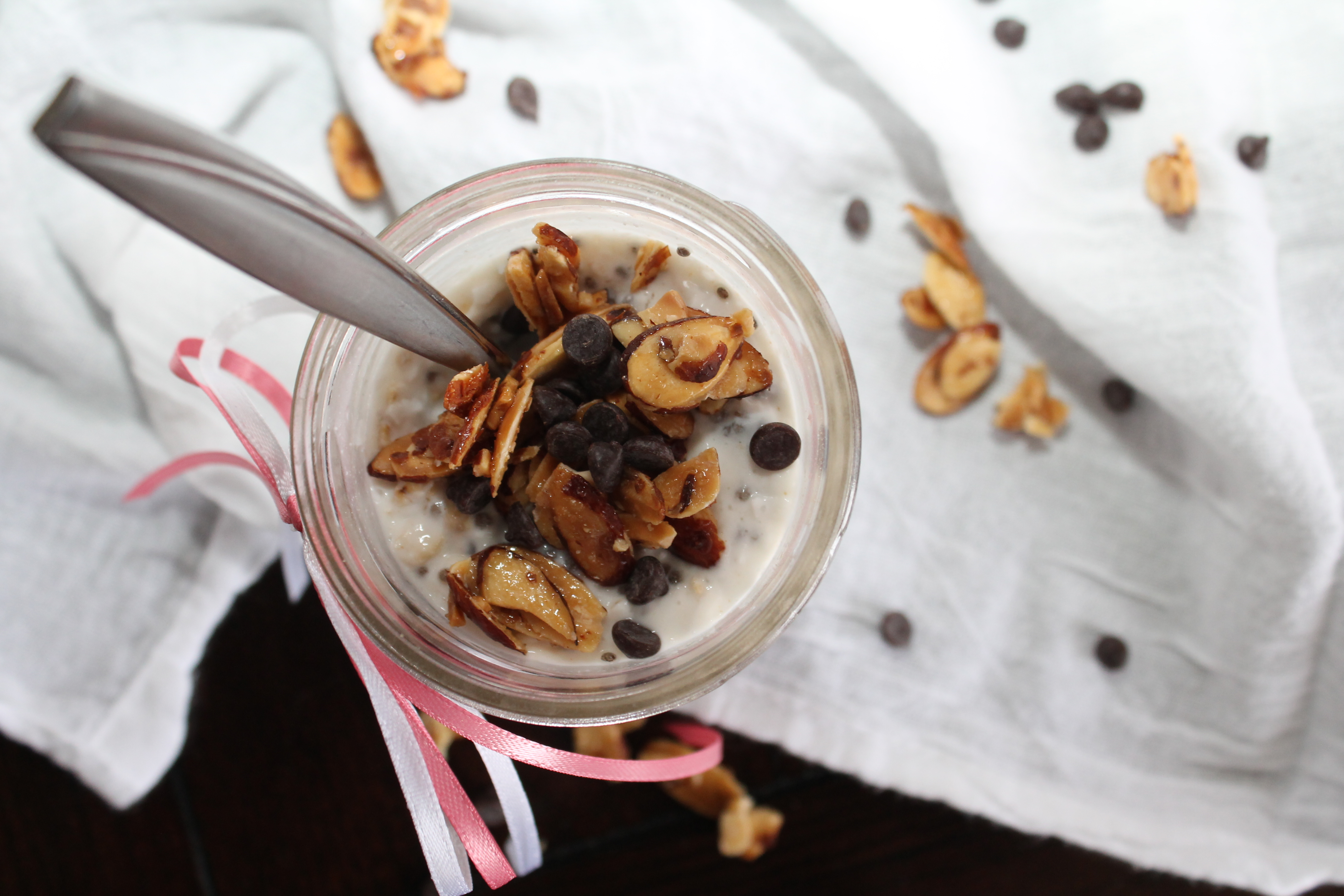 Overnight Oats with Coconut, Honey Almonds, and Chocolate