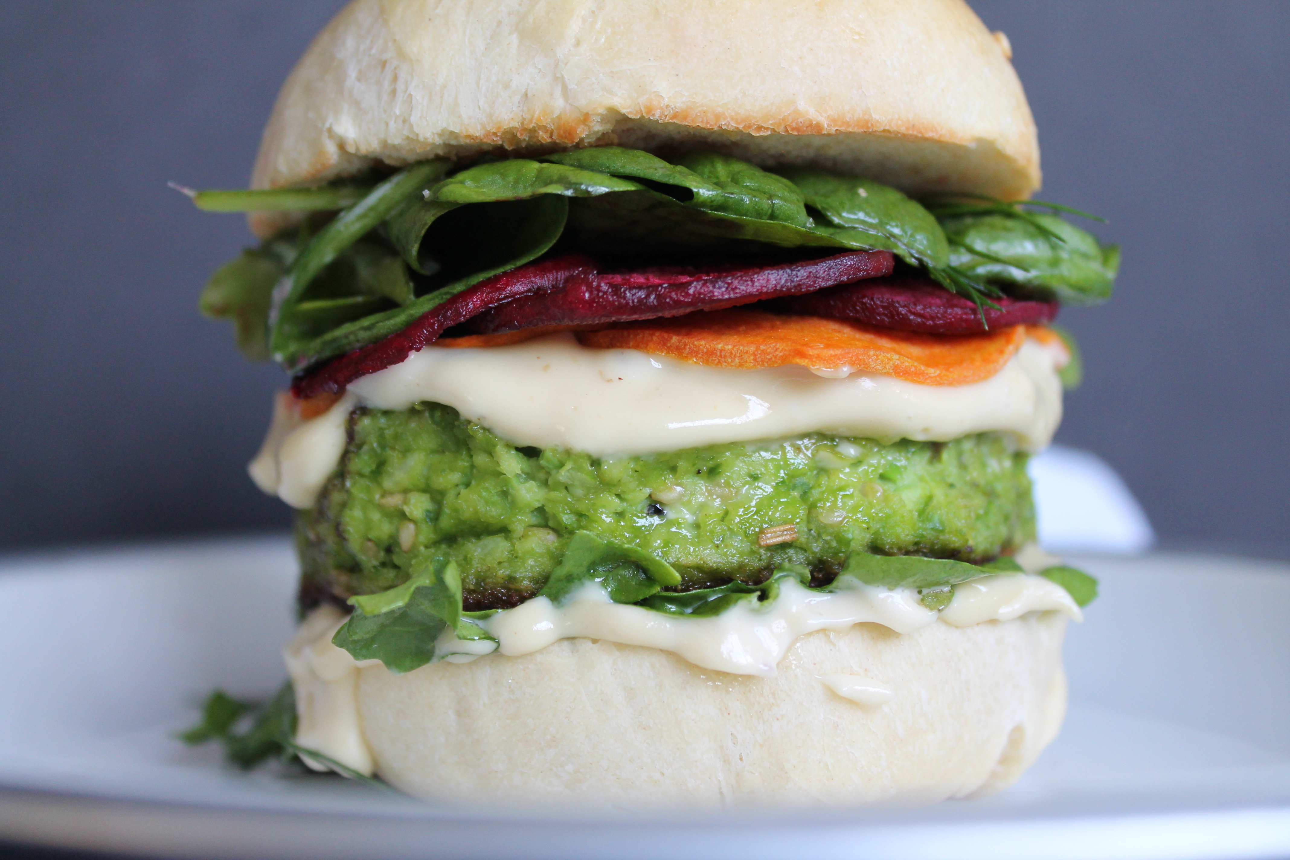 Monster Green Pea Burgers with Roots and Greens